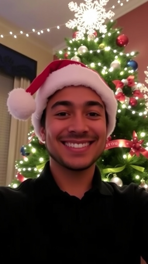 A person in a Santa hat with Christmas lights and a tree in the background.